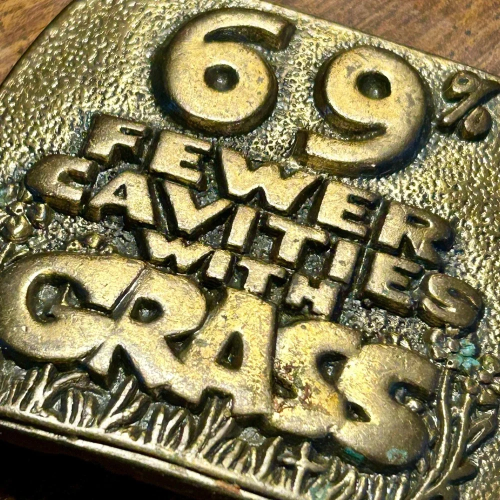 Belt Buckle OS Brass 69% Fewer Cavities With Grass Vintage 70s Novelty 3235